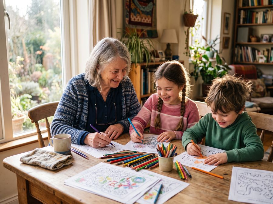 Abuela coloreando con sus nietos