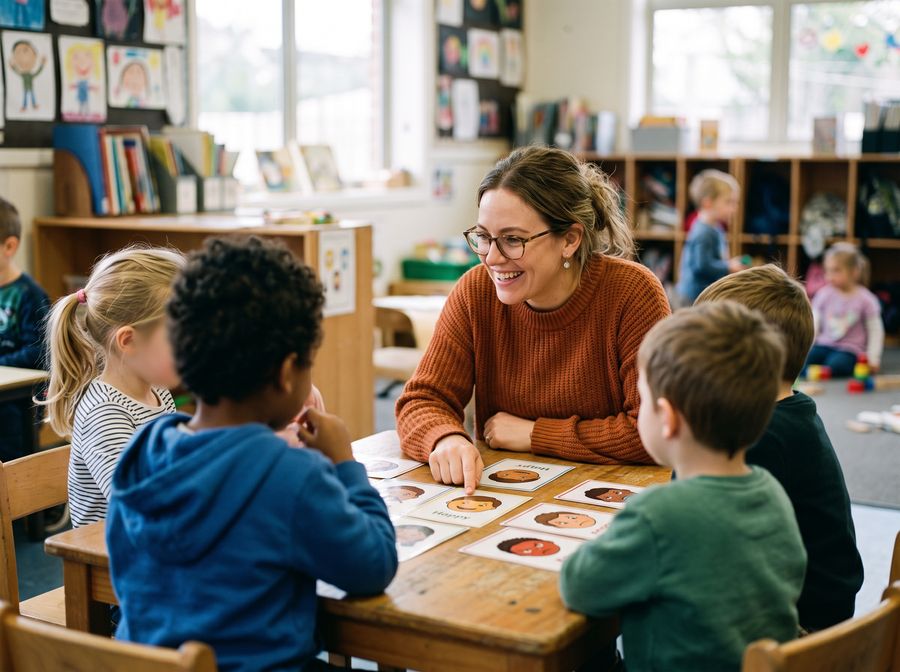 Docente usando las tarjetas de emociones con su clase