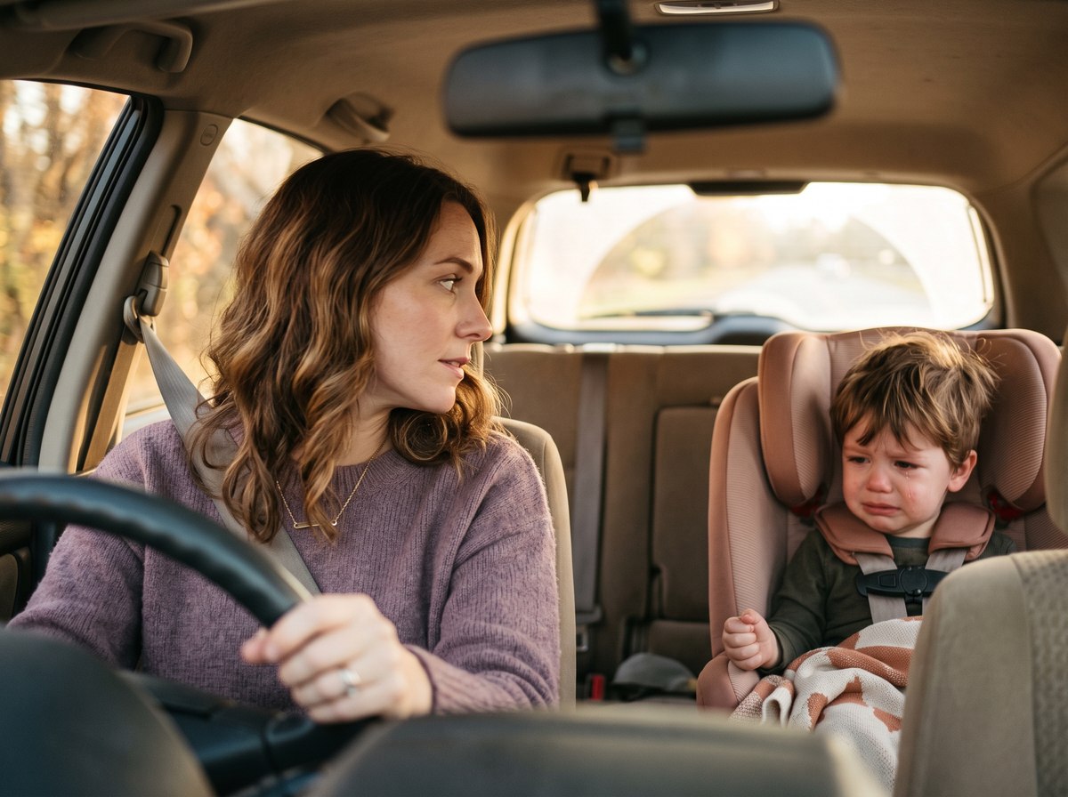 Madre calmando a su hijo en el coche