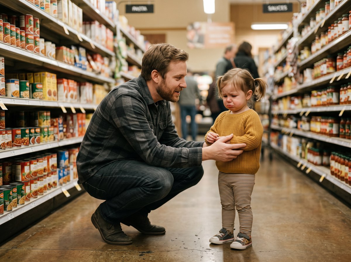 Padre calmando a su hija en el supermercado