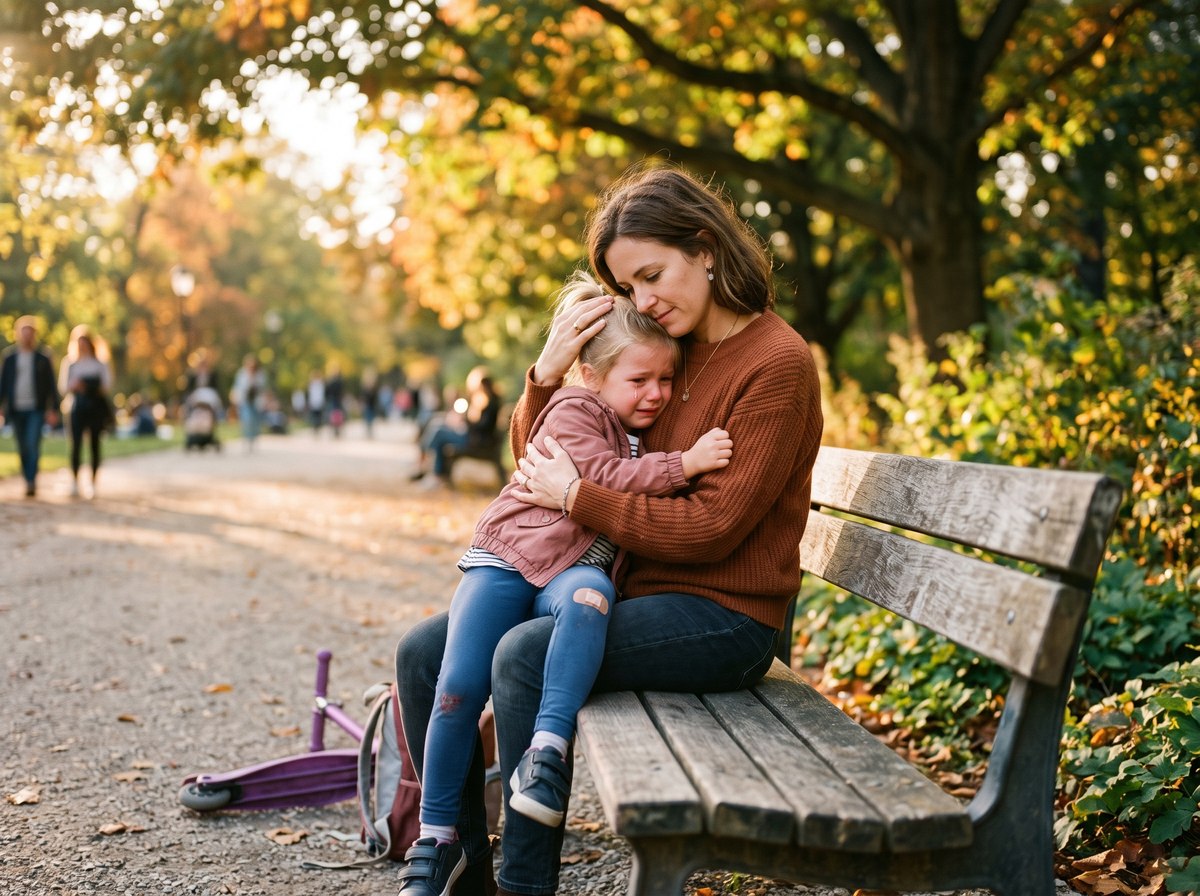 Madre consolando a su hija en el parque