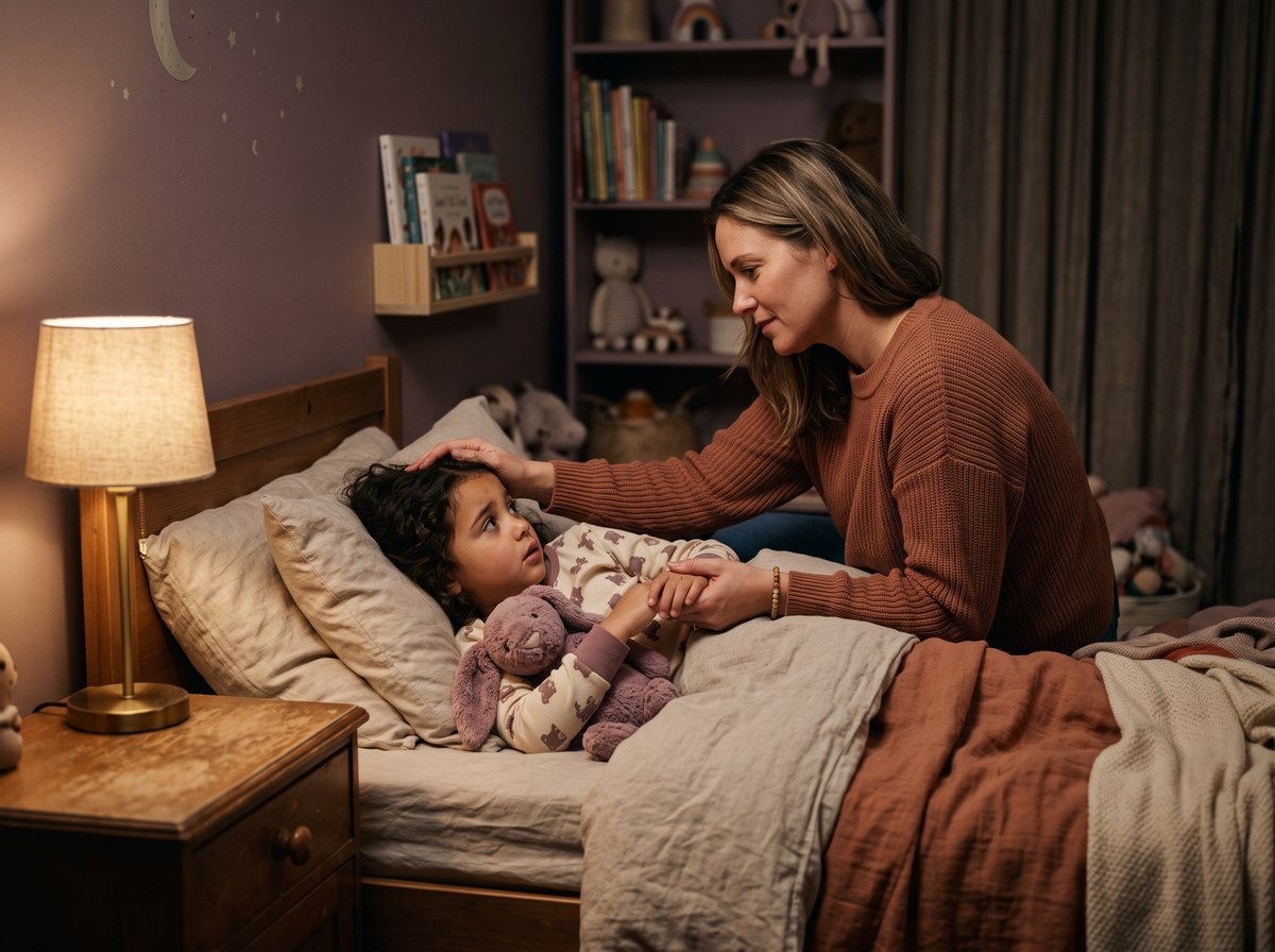 Madre calmando a su hija a la hora de dormir